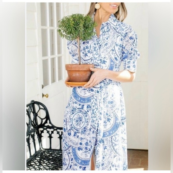 Tuckernuck Dresses & Skirts - Tuckernuck China Blue Porcelain Eyelet Cotton Button Front Midi Dress Size S